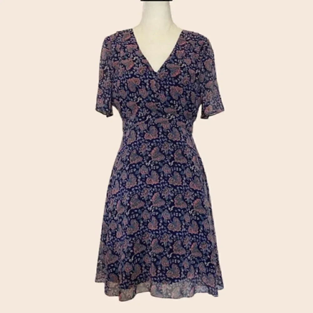 Madewell Navy Orchard Flutter-Sleeve Dress in Fan Floral Mix Size 2